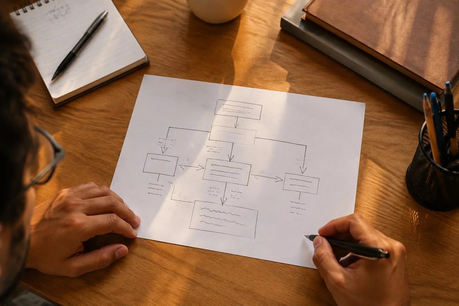 Vista de cima de uma mesa com um diagrama de lógica desenhado à mão