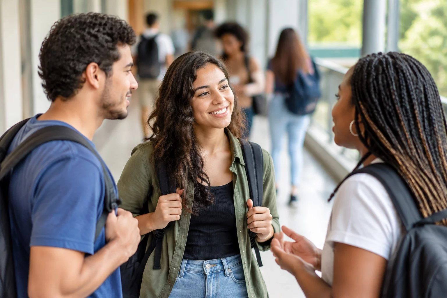 Estudantes com mochilas conversando no corredor de uma universidade