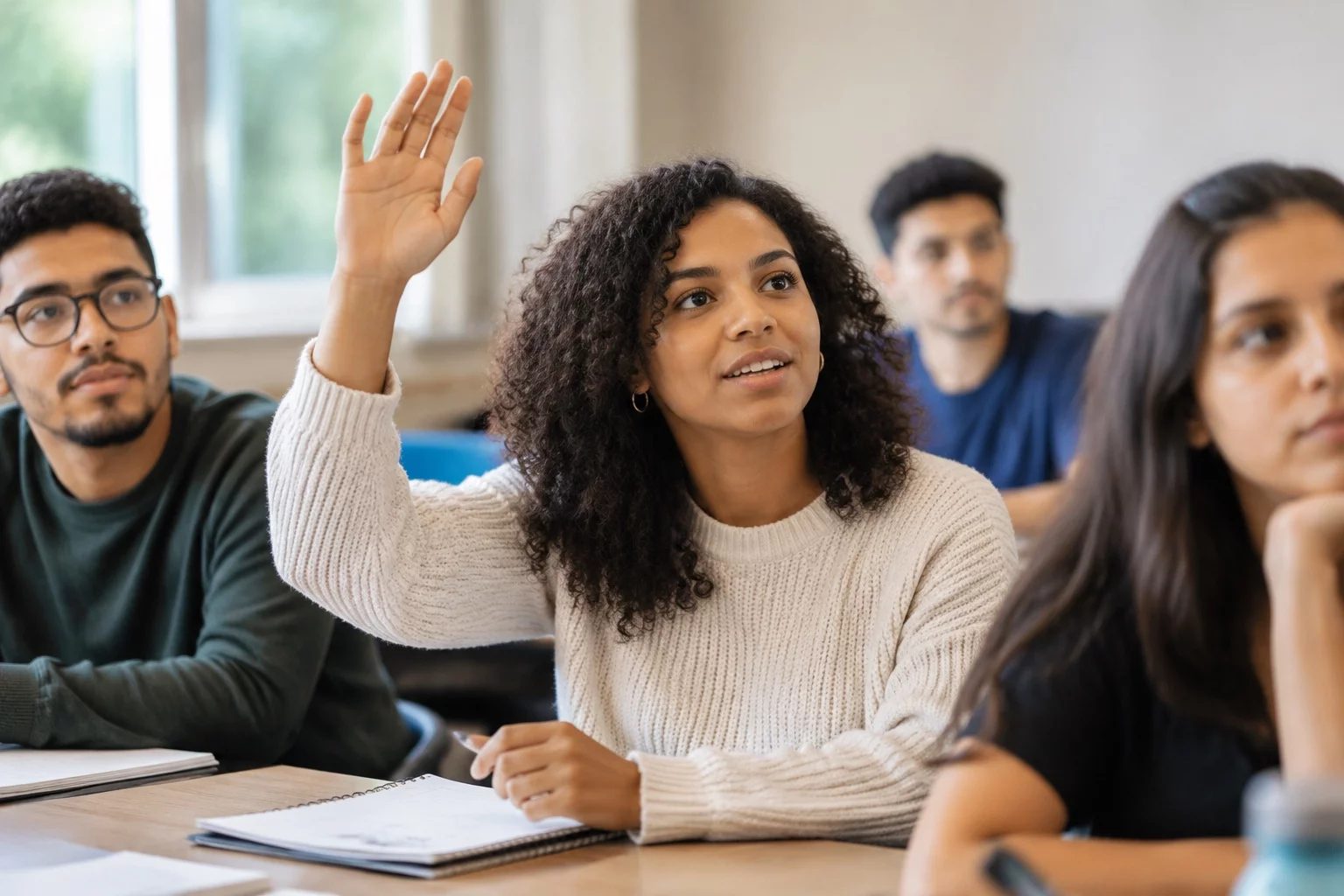 Estudante levantando a mão em uma mesa de seminário coberta de anotações