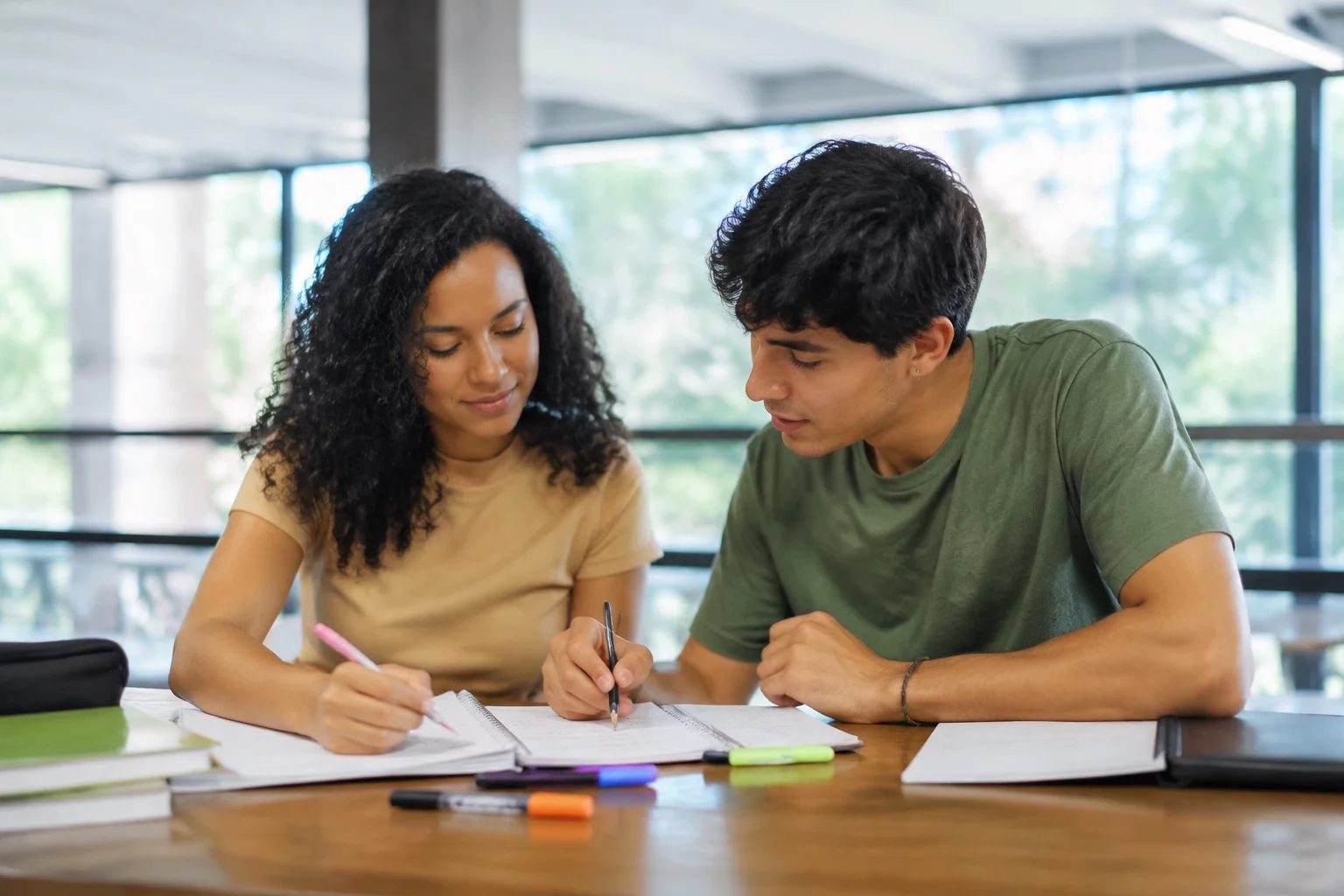 Dois estudantes preparando um debate com cadernos e marcadores