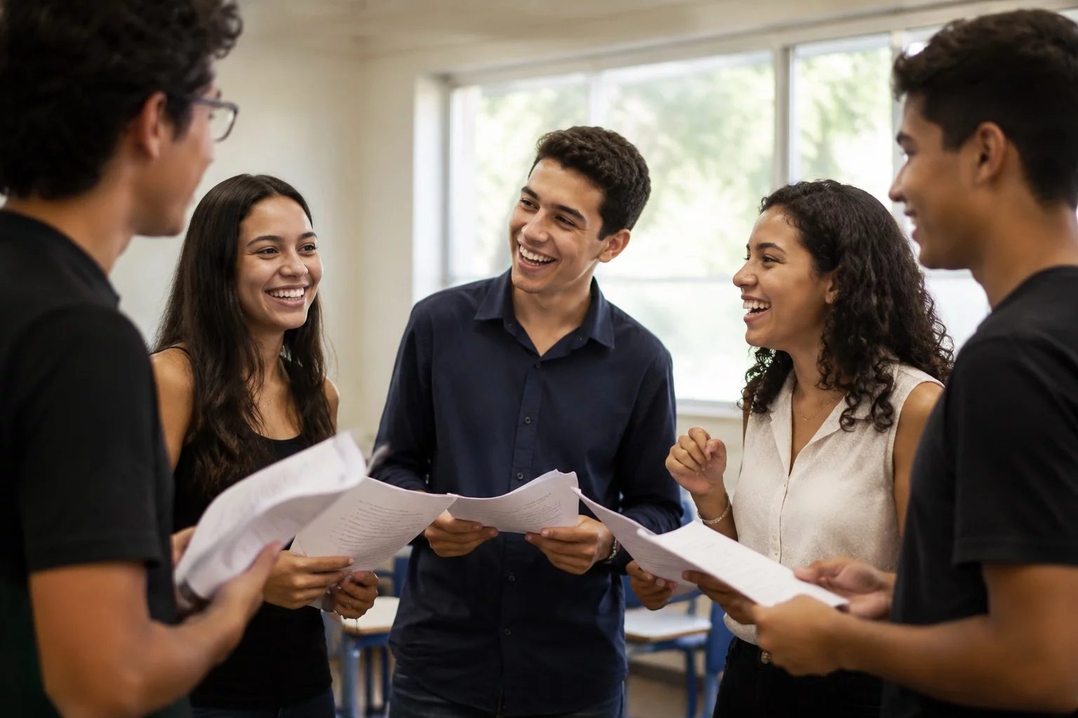 Grupo sorrindo após uma rodada de debate, com papéis nas mãos